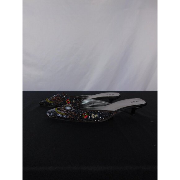M.P.S Black Sequin Beaded Mule Heels 9 - Kitten Heel Party Slip-On - Excellent - Picture 8 of 8